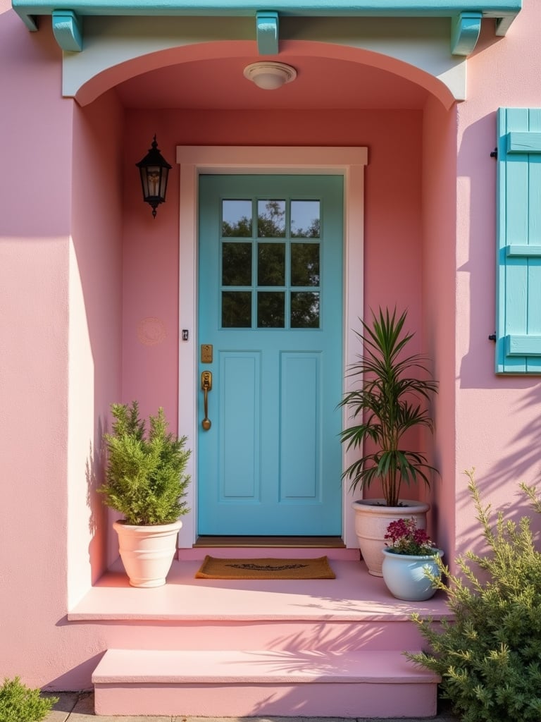 Whimsical pink porch with a blue door