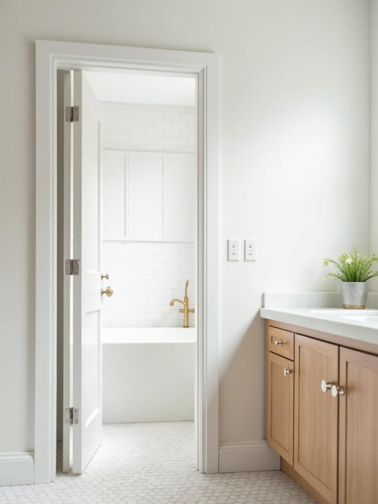 “A small, bright bathroom with a space-saving pocket door that is fully opened and recessed into the wall.”