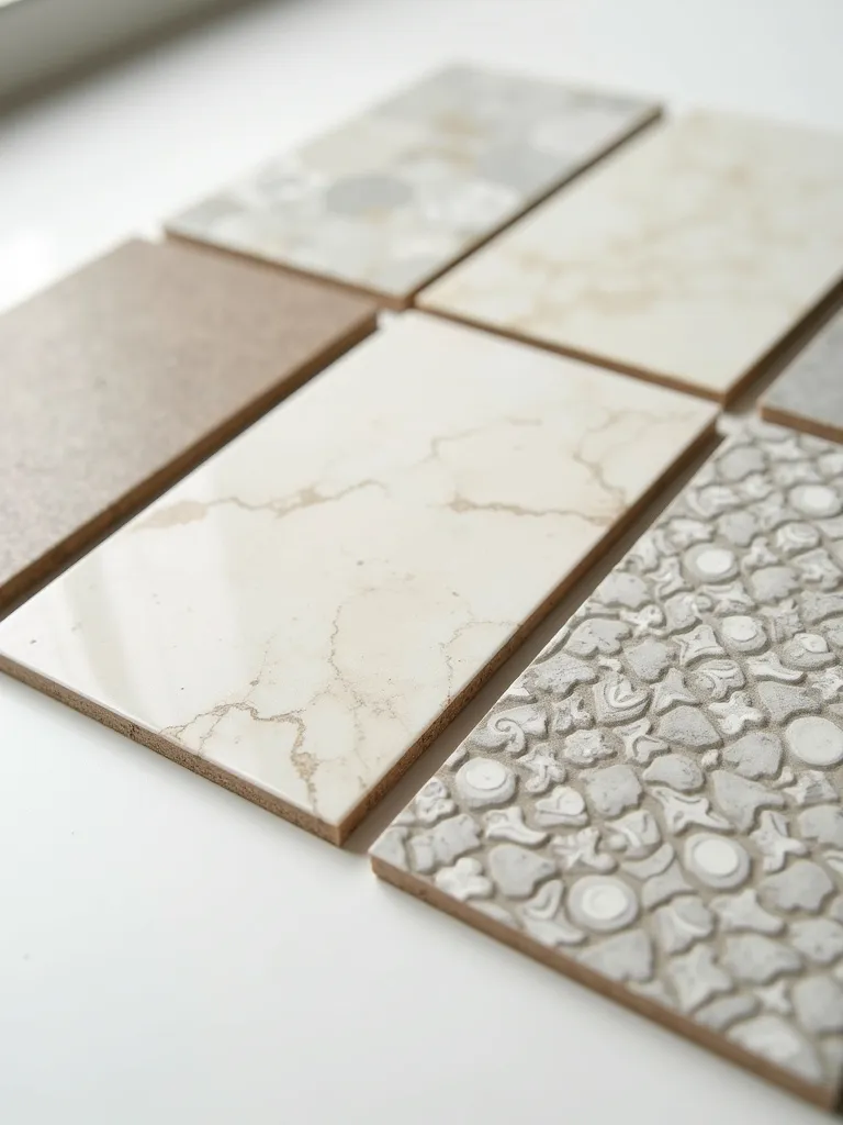 Close-up view of porcelain and ceramic bathroom tile samples, highlighting the different textures and design possibilities.