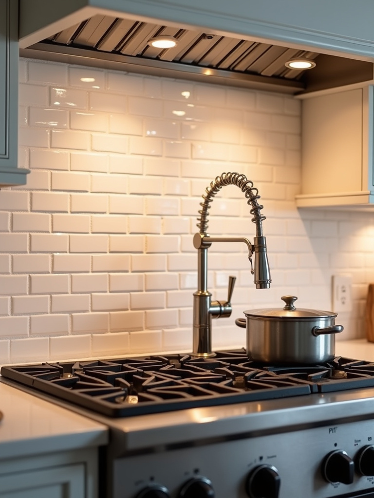 Elegant and functional kitchen detail showing a pot filler faucet installed on a white subway tile backsplash above a gas range