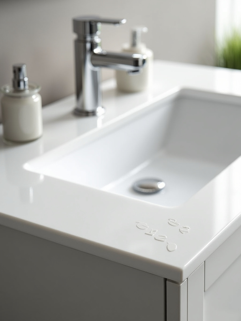 A modern bathroom vanity featuring a white quartz countertop with a sleek waterfall edge detail, illuminated by bright studio lighting.