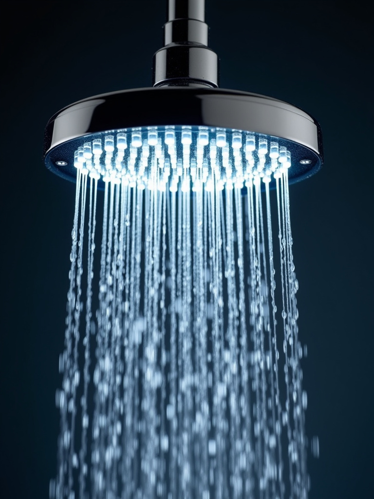 A close-up of a luxurious rain showerhead with cascading water droplets.
