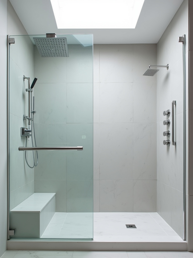 A modern walk-in shower featuring a rainfall shower head and body jets in brushed nickel, illuminated by bright natural skylight.