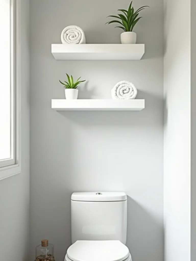Modern small bathroom with white floating shelves above the toilet, holding towels and plants.