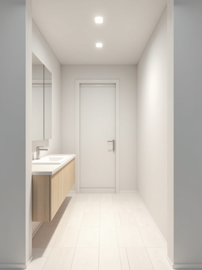 “A modern small bathroom is brightly and evenly illuminated by clean and unobtrusive recessed lighting.”