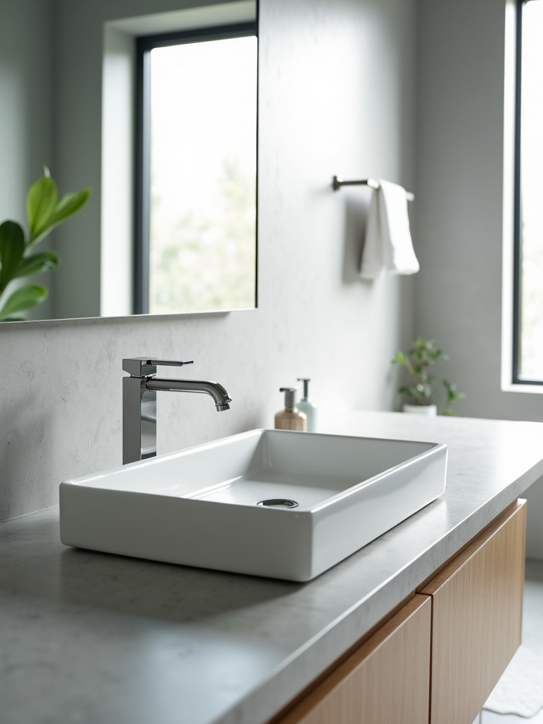 A modern bathroom vanity area showcasing a white rectangular vessel sink on a light grey quartz countertop, bathed in bright natural daylight.