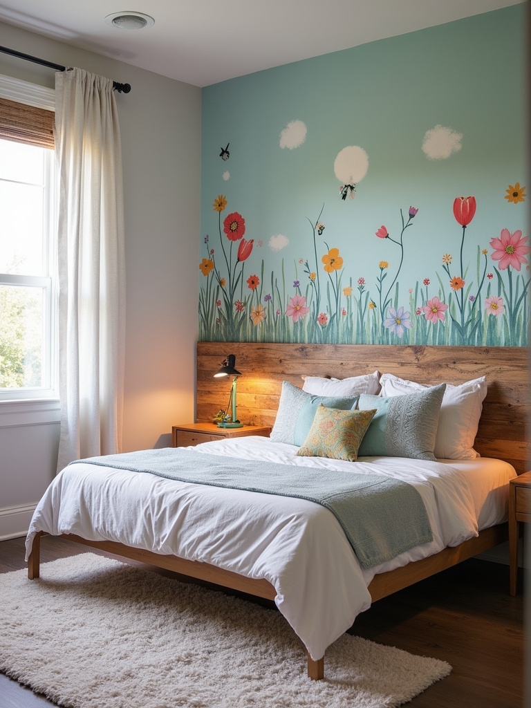 Personalized teenage bedroom featuring a DIY headboard made of reclaimed wood and a hand-painted wall mural, reflecting unique personal style.