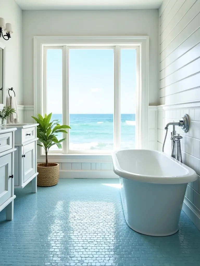 Refreshing coastal bathroom with light blue mosaic tile floor and ocean view.