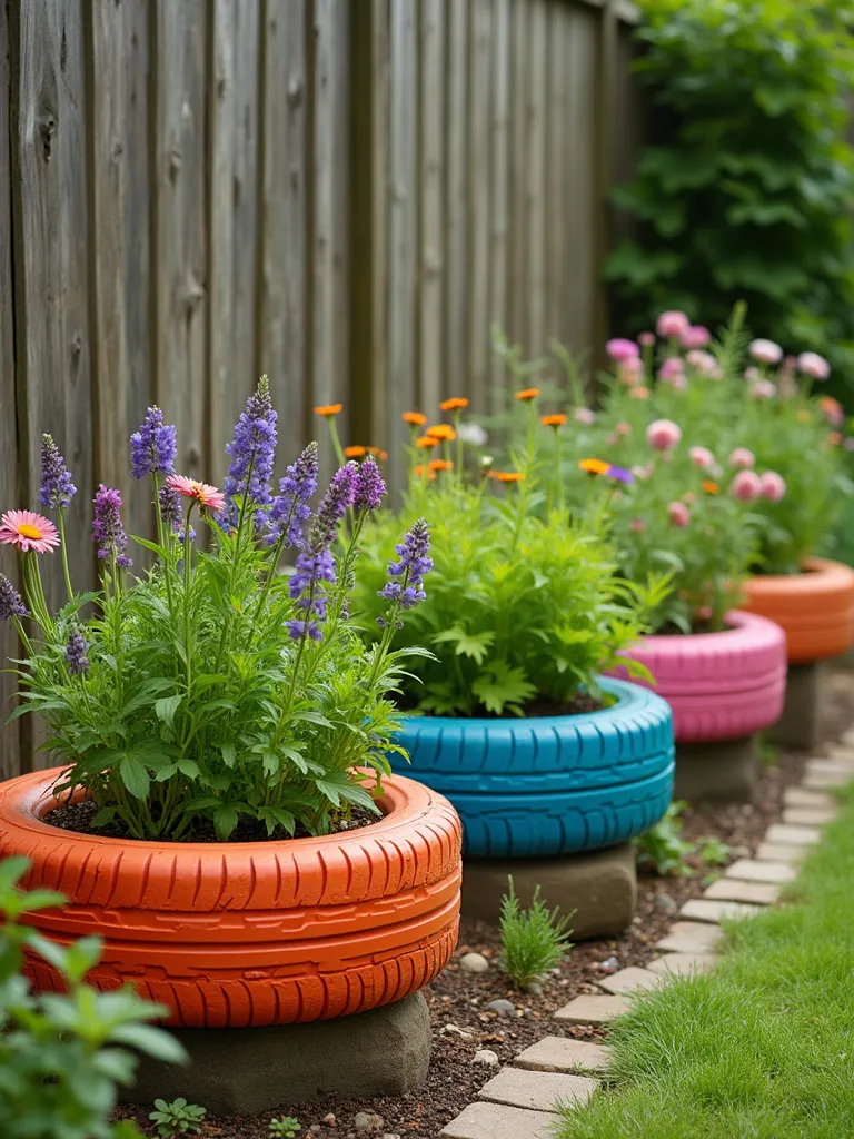 Colorful tire planters filled with flowers and herbs along a garden path.