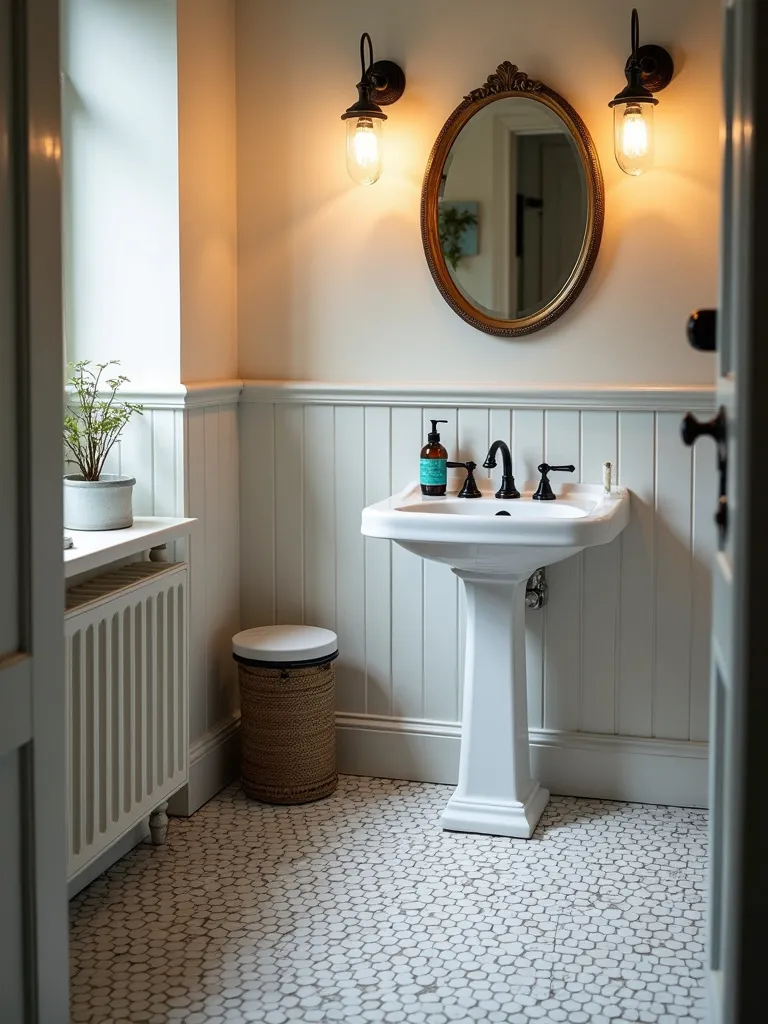 Retro bathroom with white penny tile floor, black grout, and vintage style accessories.