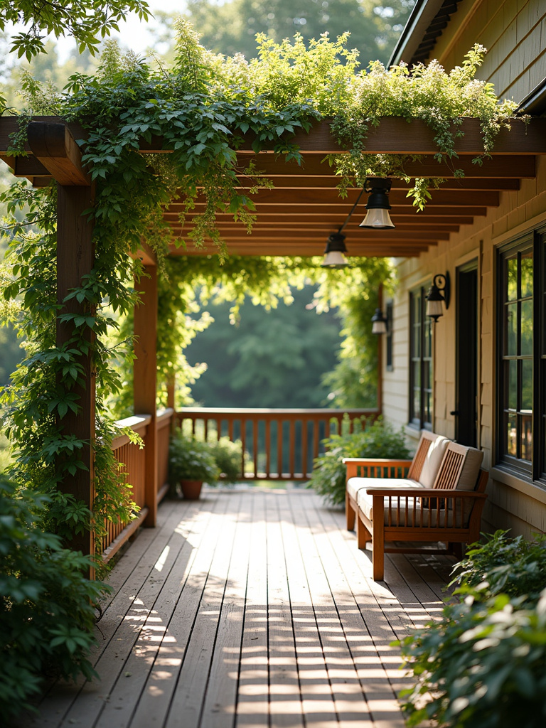 Deck featuring a wooden pergola adorned with climbing plants like wisteria or roses, creating a romantic and shaded seating area with dappled sunlight filtering through the leaves.