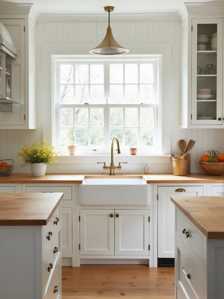 Country style kitchen featuring white beadboard cabinets and warm, character-rich butcher block countertops.