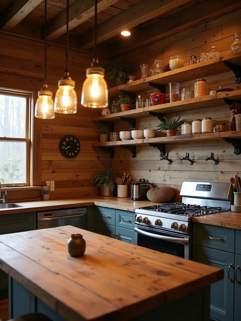 Rustic kitchen with pallet wood shelves, reclaimed wood countertops, and mason jar lighting