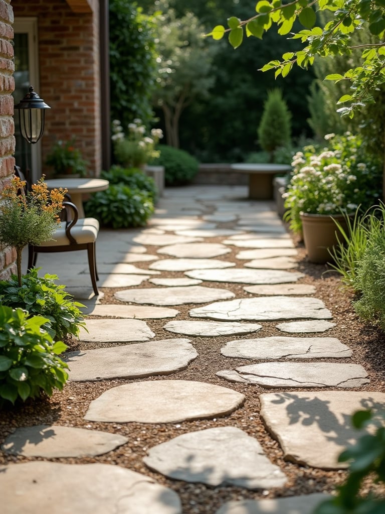 A rustic stone patio with natural stone variations surrounded by a garden.