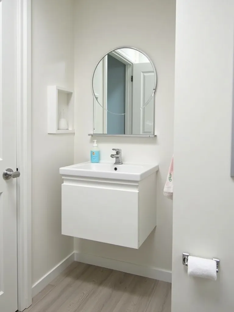 Small bathroom featuring a white wall-mounted vanity maximizing walkway space and creating an open feel.