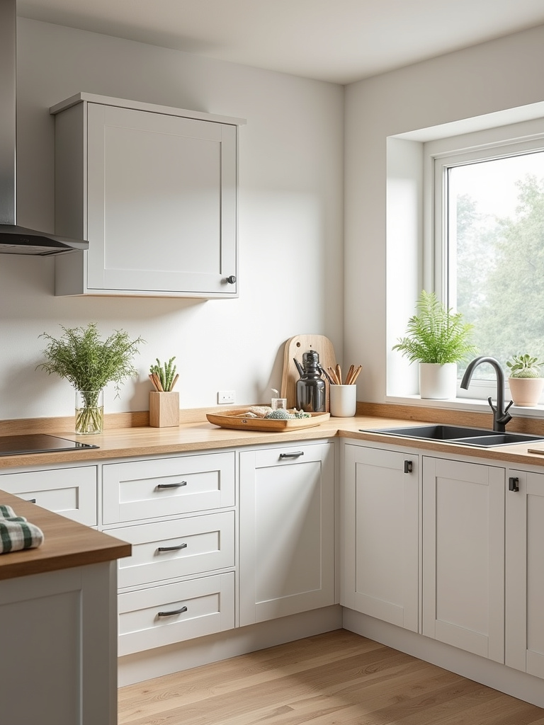 Bright Scandinavian kitchen with white IKEA cabinets, light wood countertops, and minimalist design.