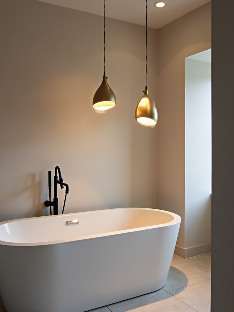 A modern bathroom featuring sculptural pendant lights hanging above a freestanding bathtub, illuminated by warm ambient lighting.