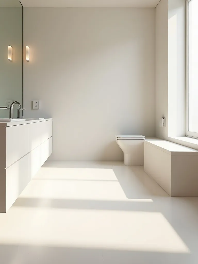 A Minimalist bathroom with seamlessly finished, smooth light colored flooring.