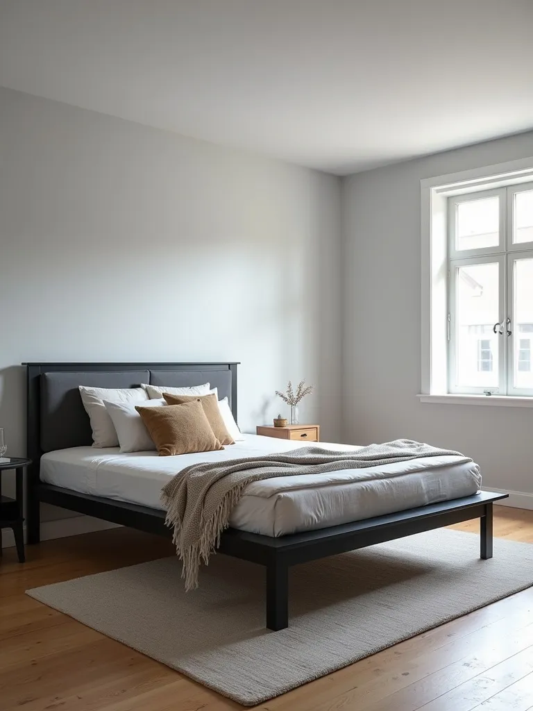 Minimalist bedroom featuring a black metal platform bed frame as a central statement, set against light grey walls and bathed in daylight.