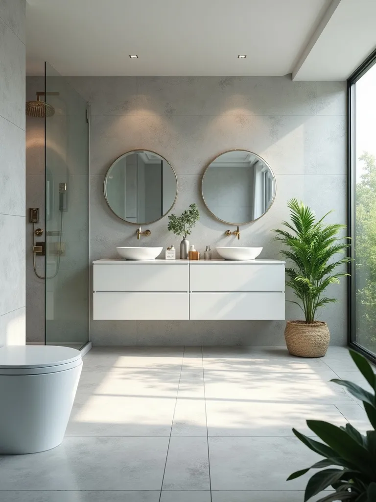 Serene spa bathroom with light grey stone-look tile floor, minimalist vanity, and natural light.