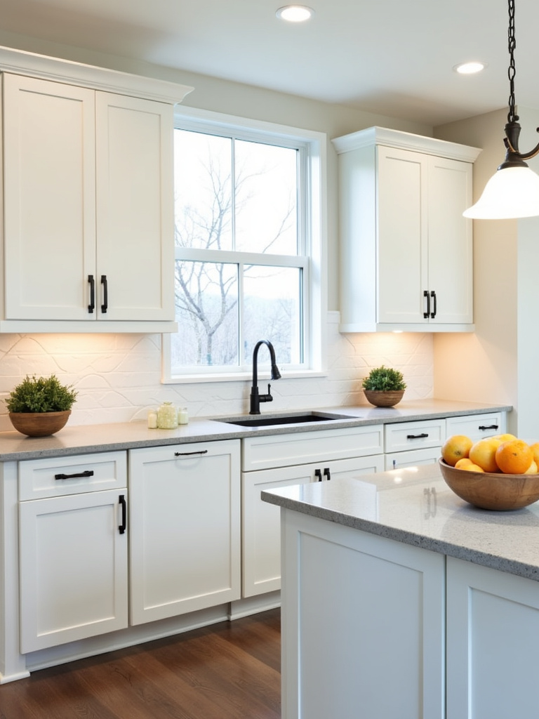 Elegant transitional kitchen featuring soft white shaker cabinets and serene light gray quartz countertops.