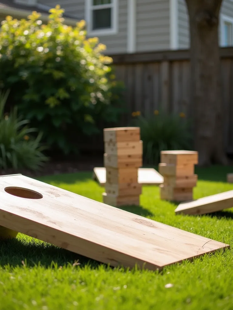 DIY backyard games zone with cornhole and giant Jenga on a green lawn.
