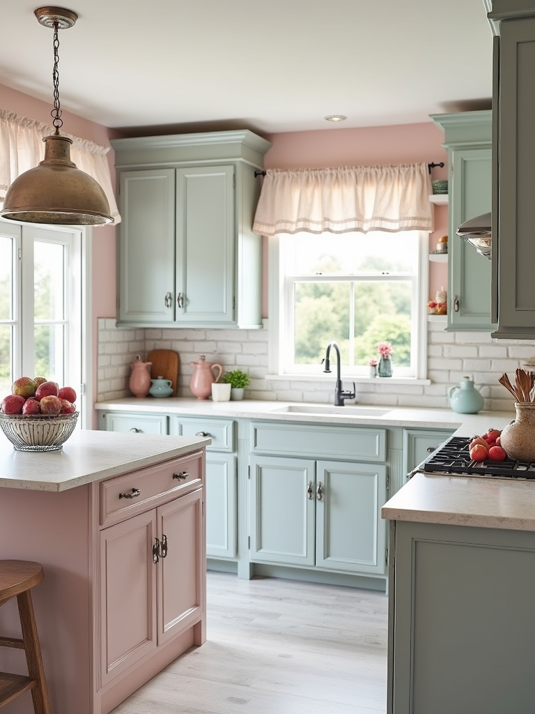 Shabby Chic kitchen with distressed white cabinets, light countertops, and soft pastel accents