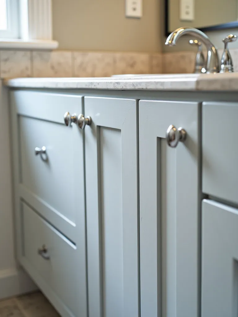 An eye-level view of classic, soft gray shaker-style vanity cabinets with chrome hardware in a well-lit bathroom space, and how it integrates into a classic aesthetic.