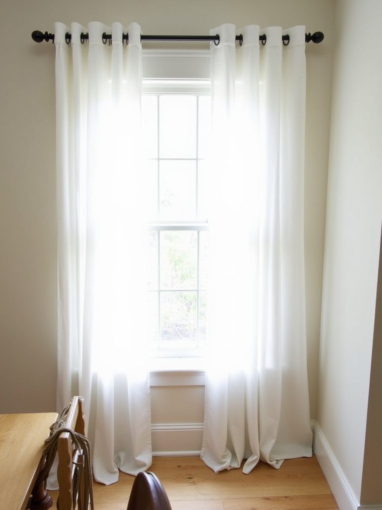 Coastal style small dining room with sheer white curtains allowing soft, natural light.