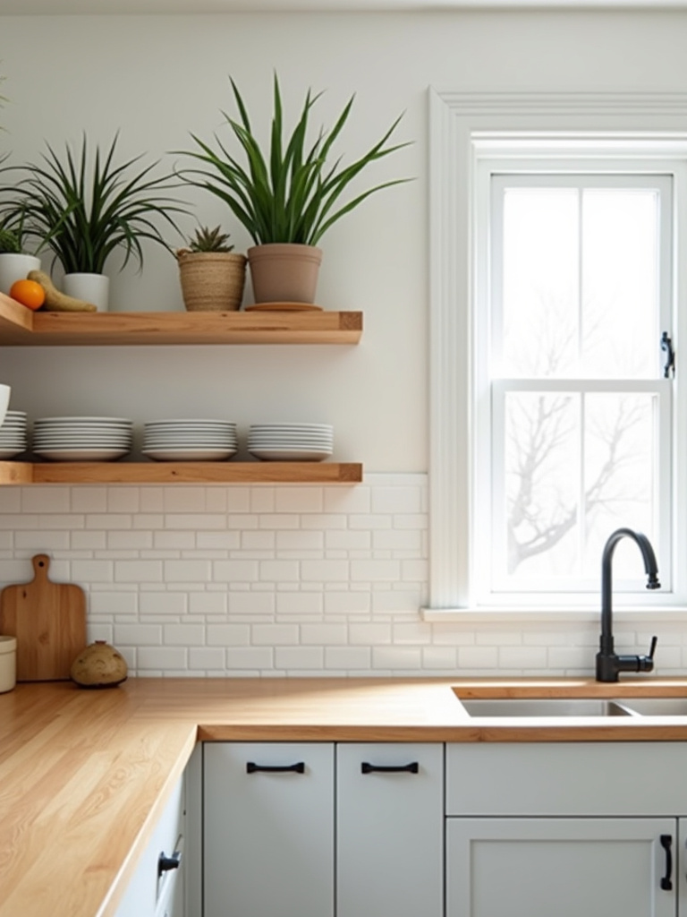 Bright and functional kitchen with white subway tile backsplash extending behind open wooden shelves styled with dishes and plants