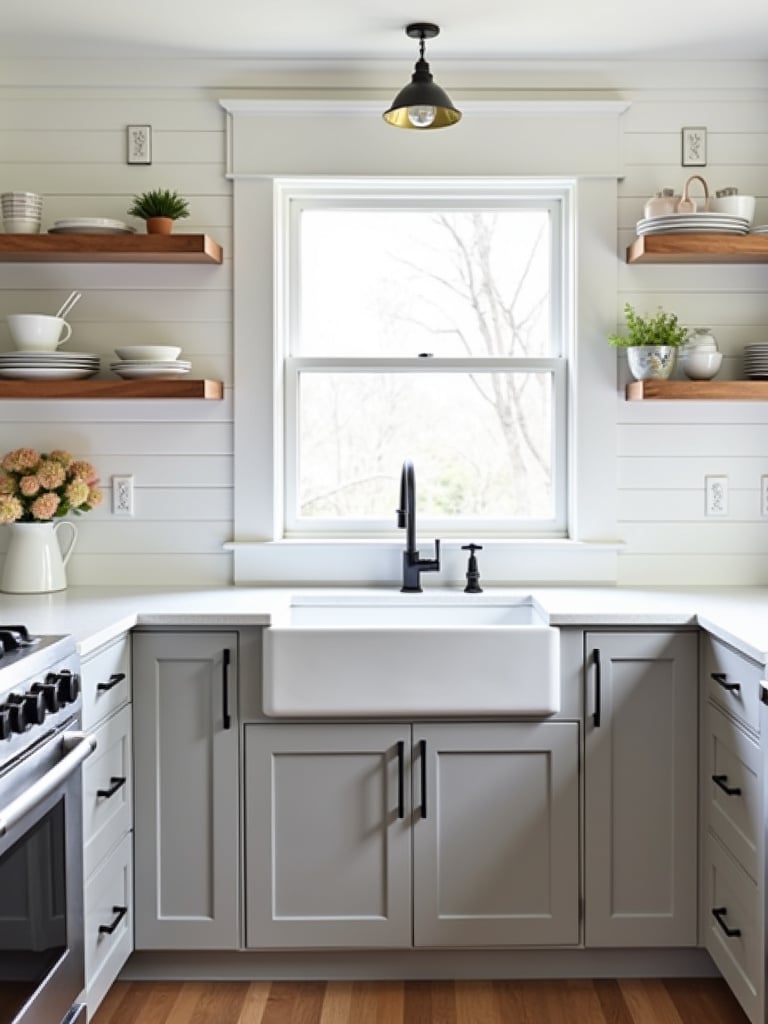 Coastal kitchen featuring a white shiplap backsplash and light grey cabinets.
