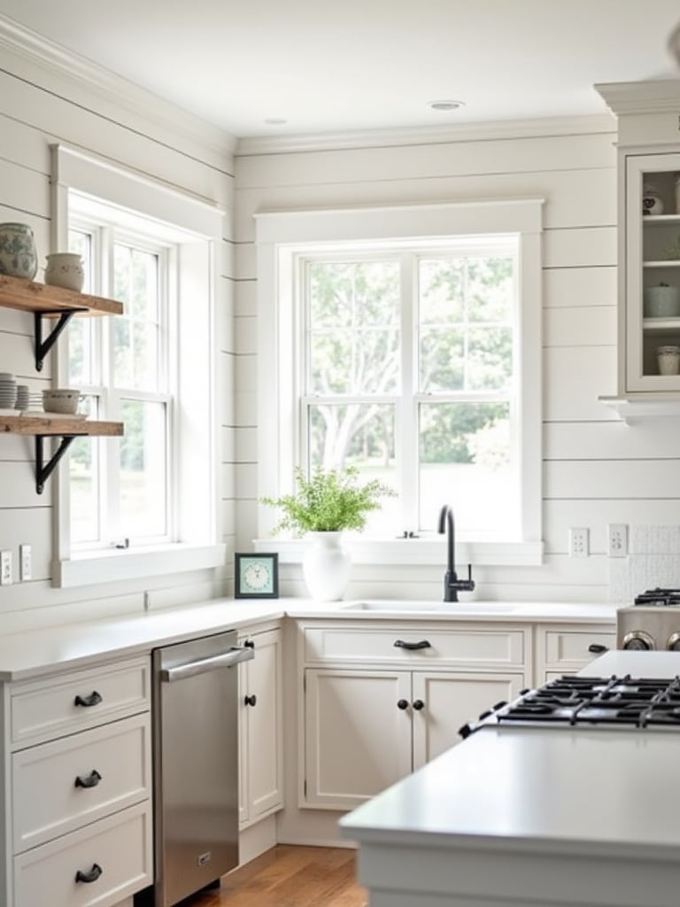 Crisp white shiplap walls in a modern farmhouse kitchen, with natural light emphasizing the characteristic horizontal lines and adding depth through shadow play.