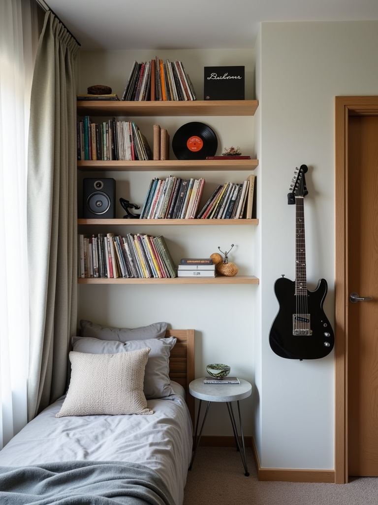 Teenage bedroom decorated with hobbies and collections, featuring shelves displaying vinyl records and books, and a guitar hung on the wall as decorative elements.