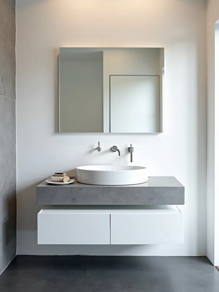 Minimalist bathroom with a large rectangular mirror above the vanity.