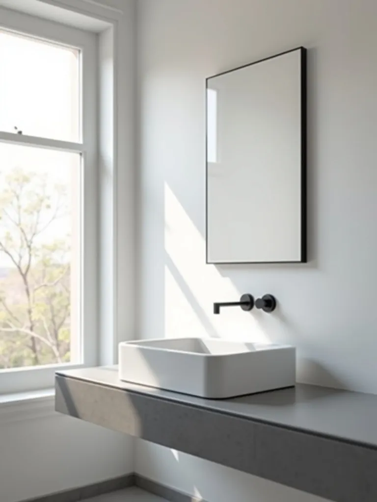 Minimalist bathroom with a simple single square sink design and a wide countertop