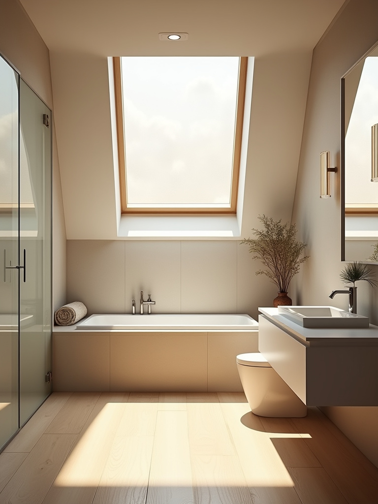 A modern bathroom featuring a skylight with natural sunlight streaming in.