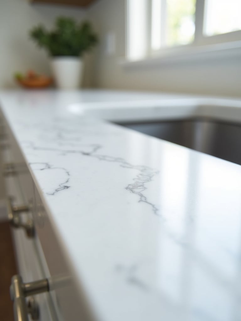 A detailed view of a sleek white quartz countertop with subtle grey veining in a modern kitchen