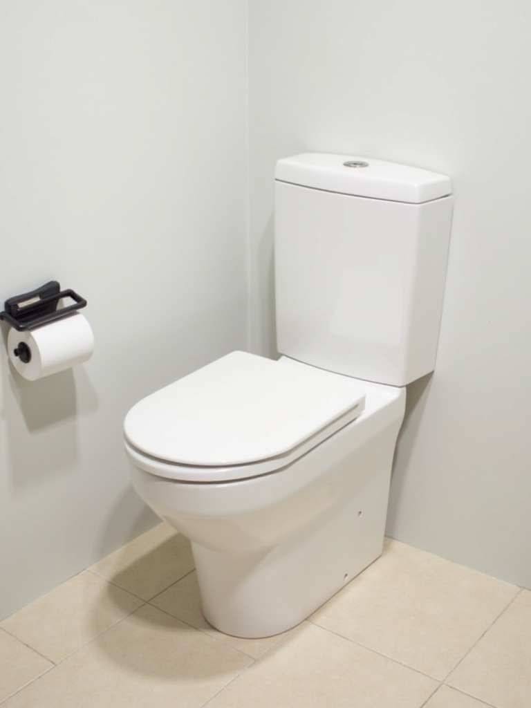 “A minimalist small bathroom with a space-saving slimline toilet, maximizing floor area.”