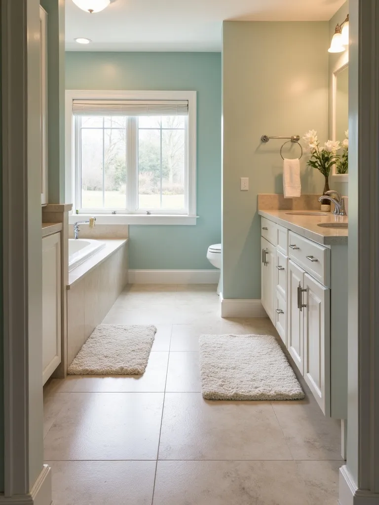 Safe family bathroom with slip-resistant porcelain tile floor, double vanity, and bright lighting.