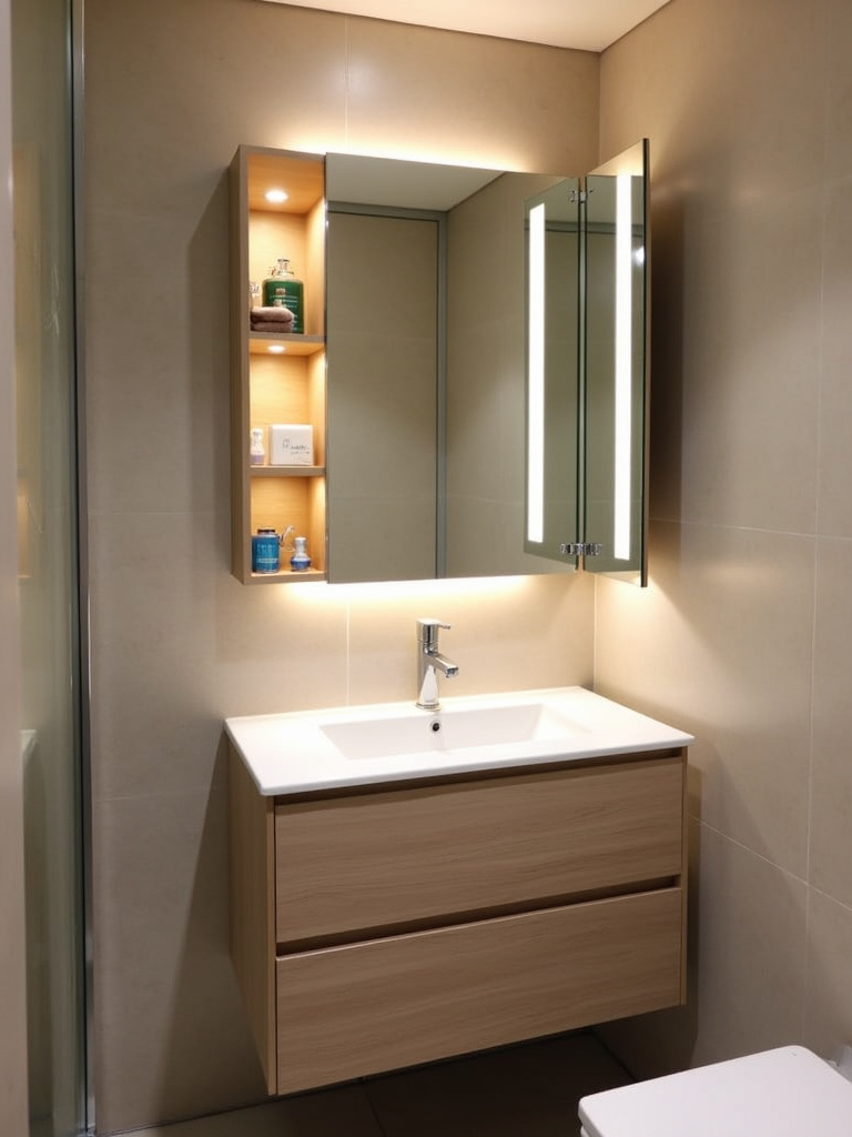 “A modern small bathroom with a space-saving recessed mirrored cabinet above the vanity, providing hidden storage.”