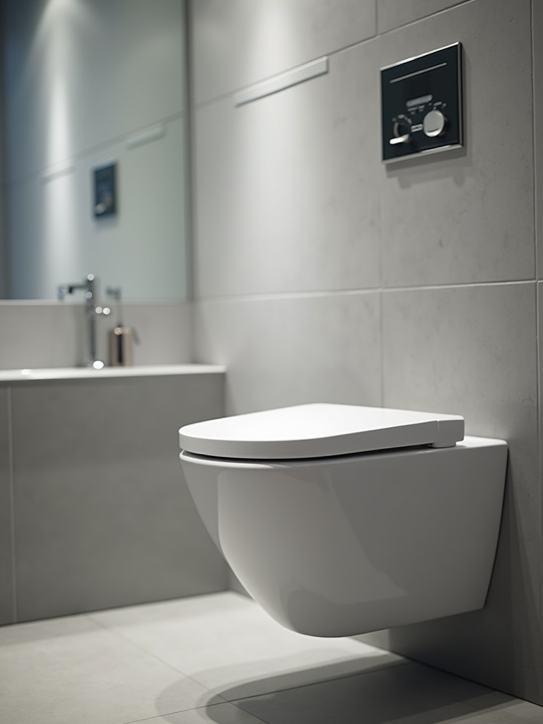 A modern bathroom toilet area featuring a white wall-mounted smart toilet with a bidet seat, illuminated by soft ambient ceiling lights.