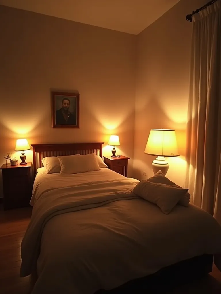 A cozy bedroom scene with soft, warm lighting from multiple lamps enhancing the calming atmosphere.