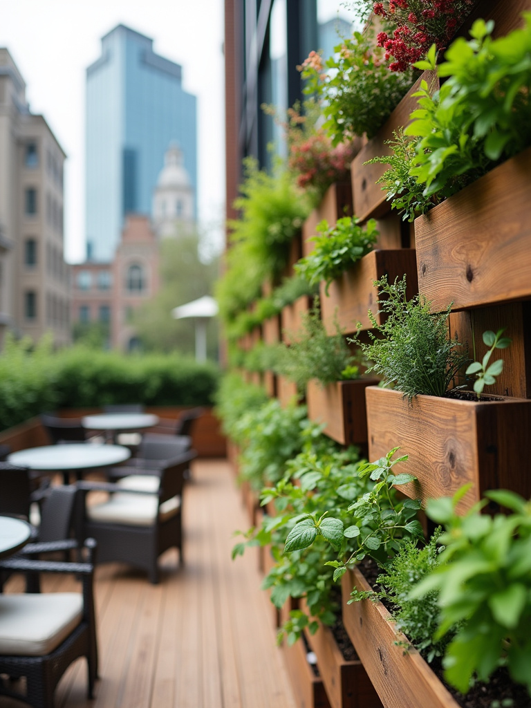 Urban deck featuring a space-saving vertical garden wall made of wood with various herbs and flowers growing in pockets, adding greenery to a compact outdoor space.