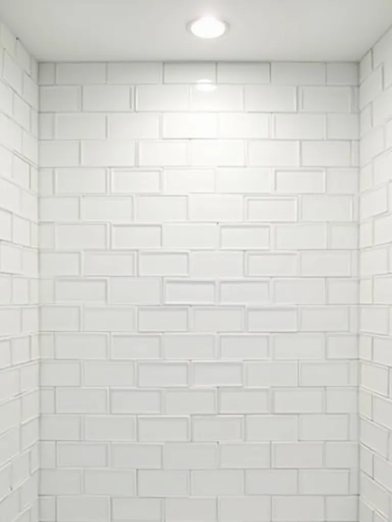 Modern bathroom shower with white square tiles in a clean stacked grid pattern, creating a minimalist and contemporary look.