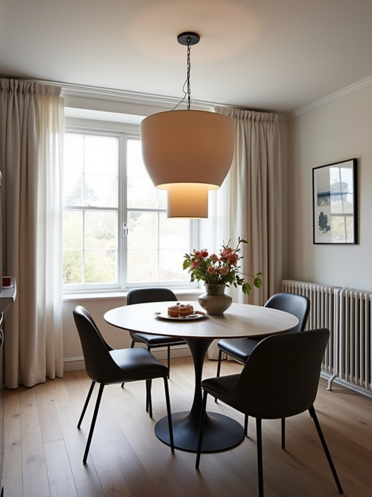 Contemporary small dining room featuring a large statement pendant light.