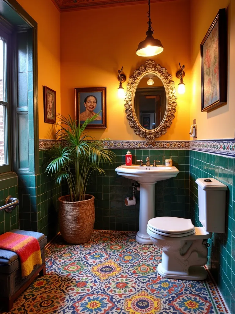 Eclectic bathroom with colorful Moroccan patterned tile floor, vintage vanity, and vibrant decor.