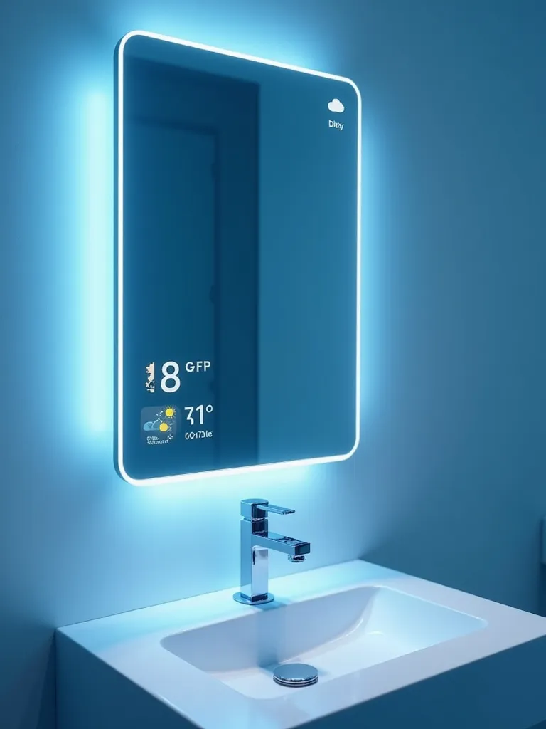 A modern tech bathroom featuring a smart bathroom mirror displaying weather information and time above a white vanity.