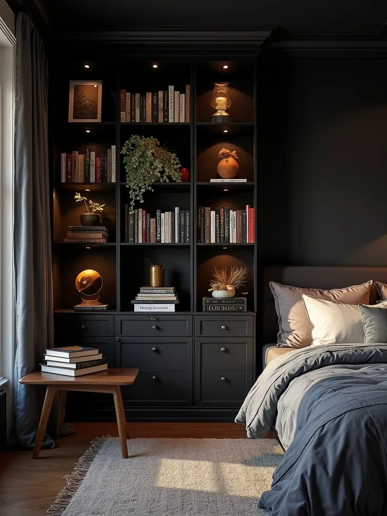 Literary and intellectual black bedroom featuring a prominent black bookshelf filled with books and decorative objects, illuminated by warm evening light.