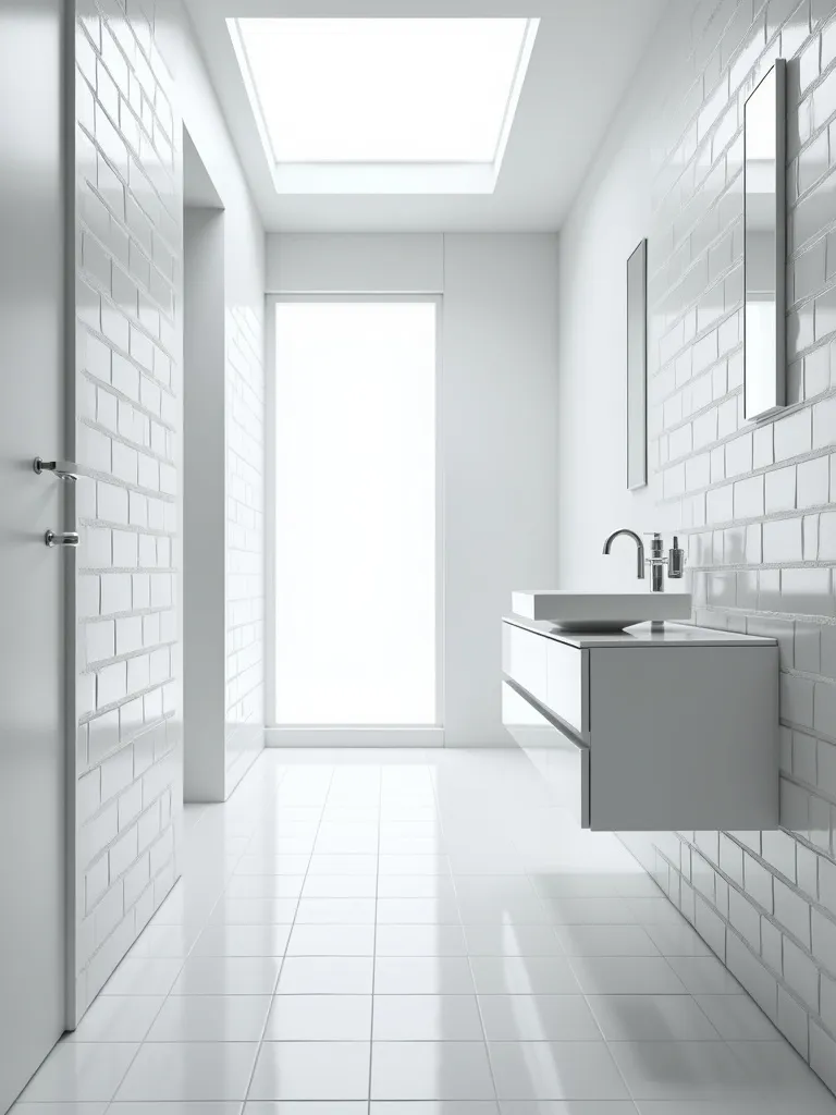 Clean minimalist bathroom with white subway tile floor and walls, and bright skylight.