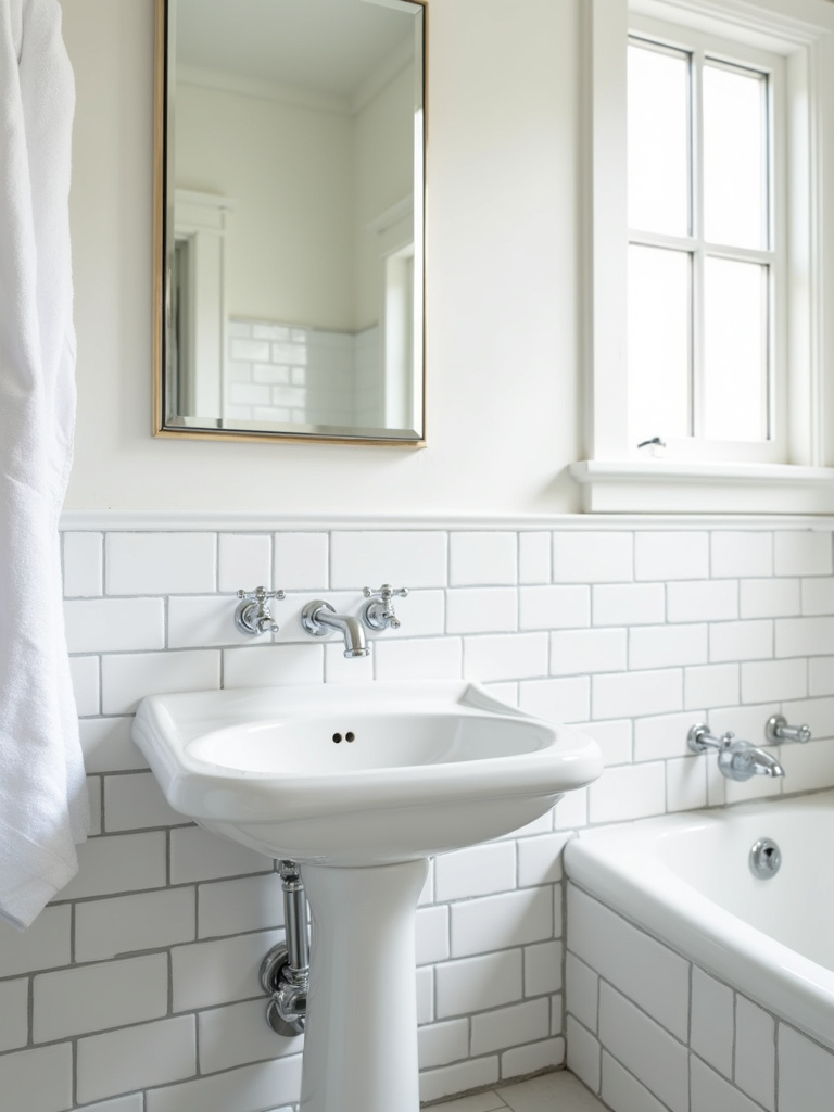 A bright and clean classic bathroom featuring a wall covered in white subway tile with gray grout, complemented by a white pedestal sink, chrome faucet, and a simple rectangular mirror, all lit by natural light from a nearby window.
